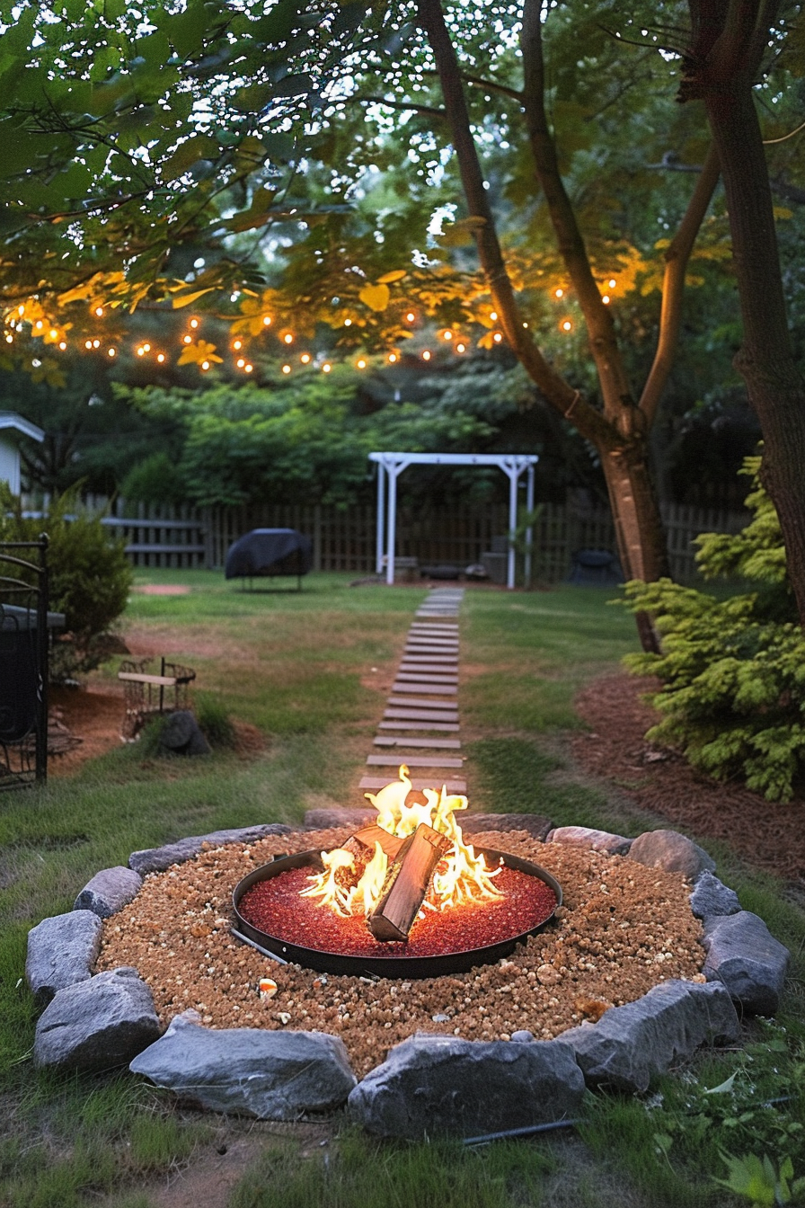 Cozy backyard evening with a lit fire pit surrounded by rocks, pathway leading to an arbor, and string lights in trees.