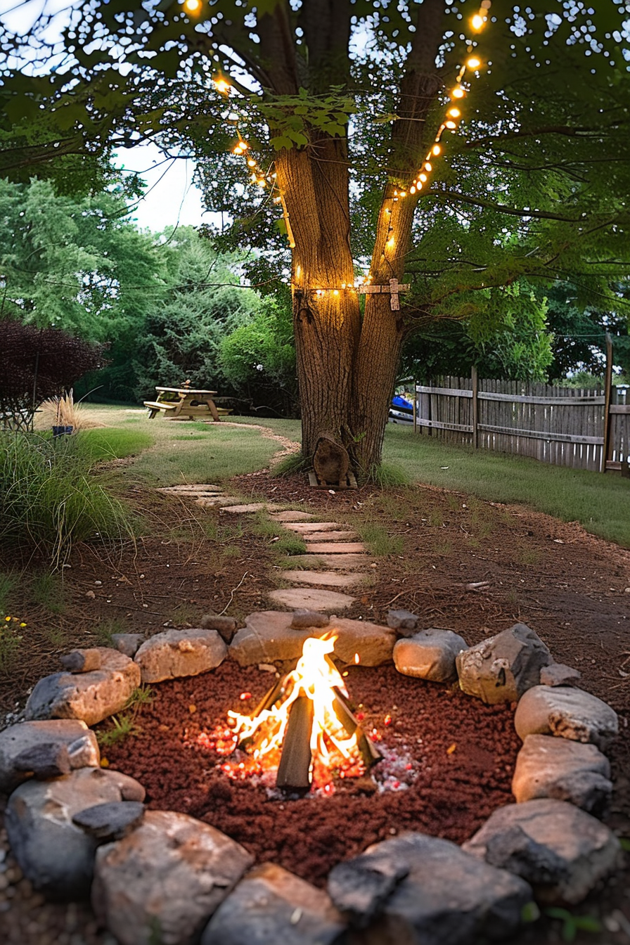 Cozy backyard at dusk with a lit fire pit in the foreground and a tree adorned with string lights leading to picnic tables.