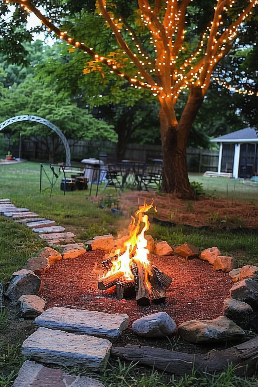 A cozy backyard with a blazing fire pit surrounded by stones, a tree wrapped in fairy lights, and garden seating in the background.