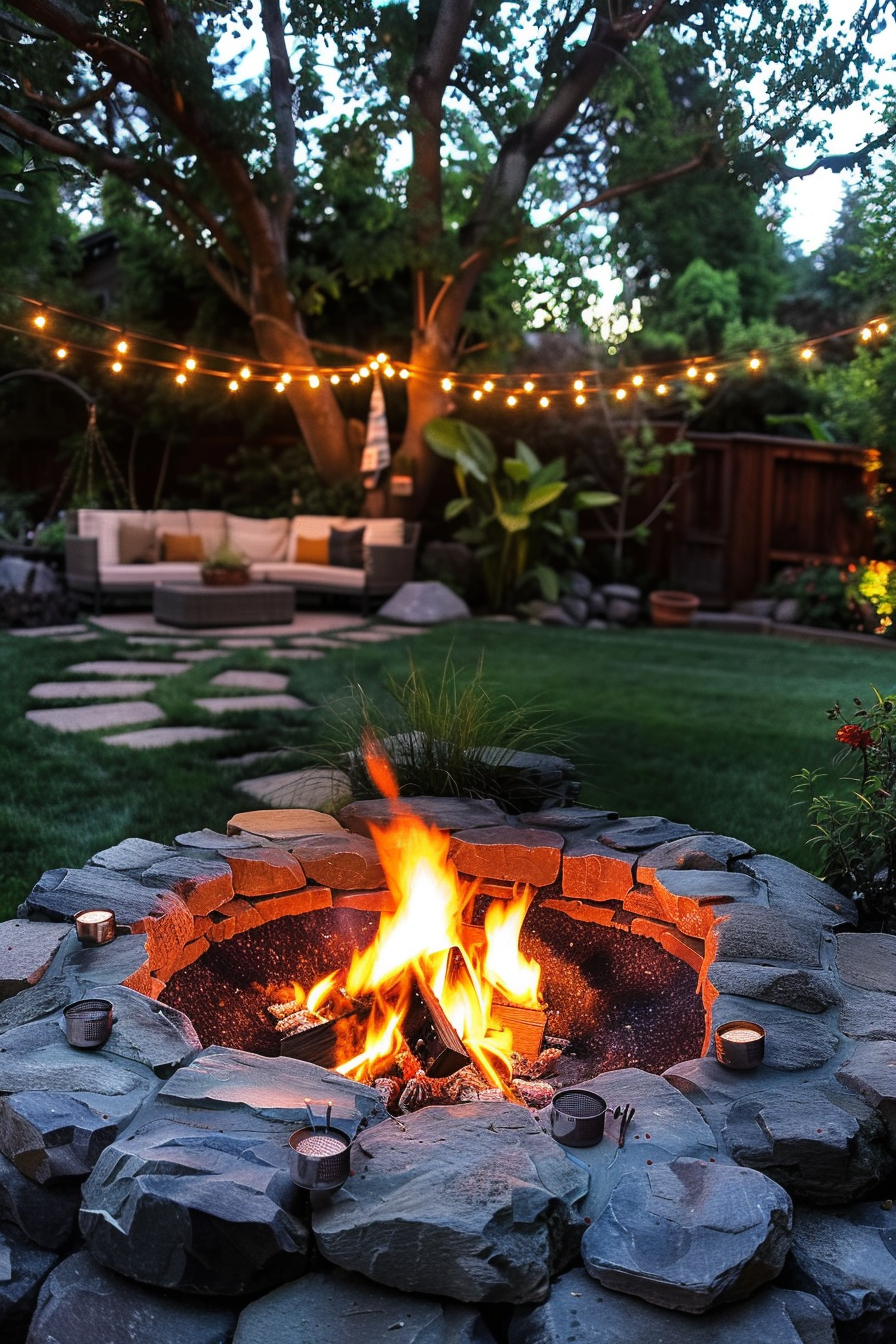 A cozy garden setting at dusk with a fire pit ablaze, surrounded by stone seating and string lights draped across the trees.