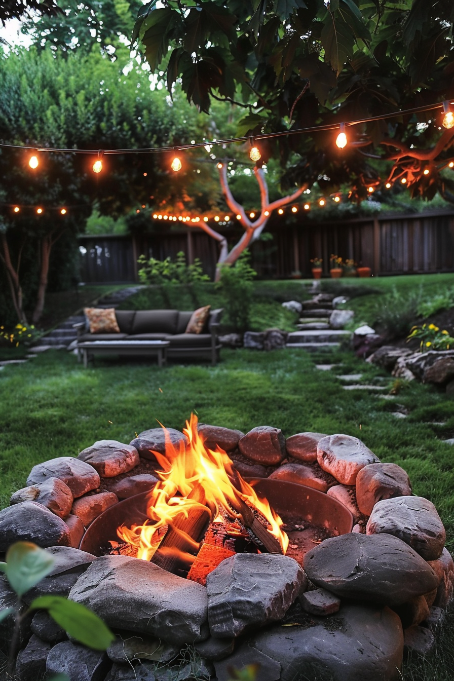 Cozy backyard with a lit fire pit surrounded by stones, string lights above, and outdoor furniture in the background at dusk.