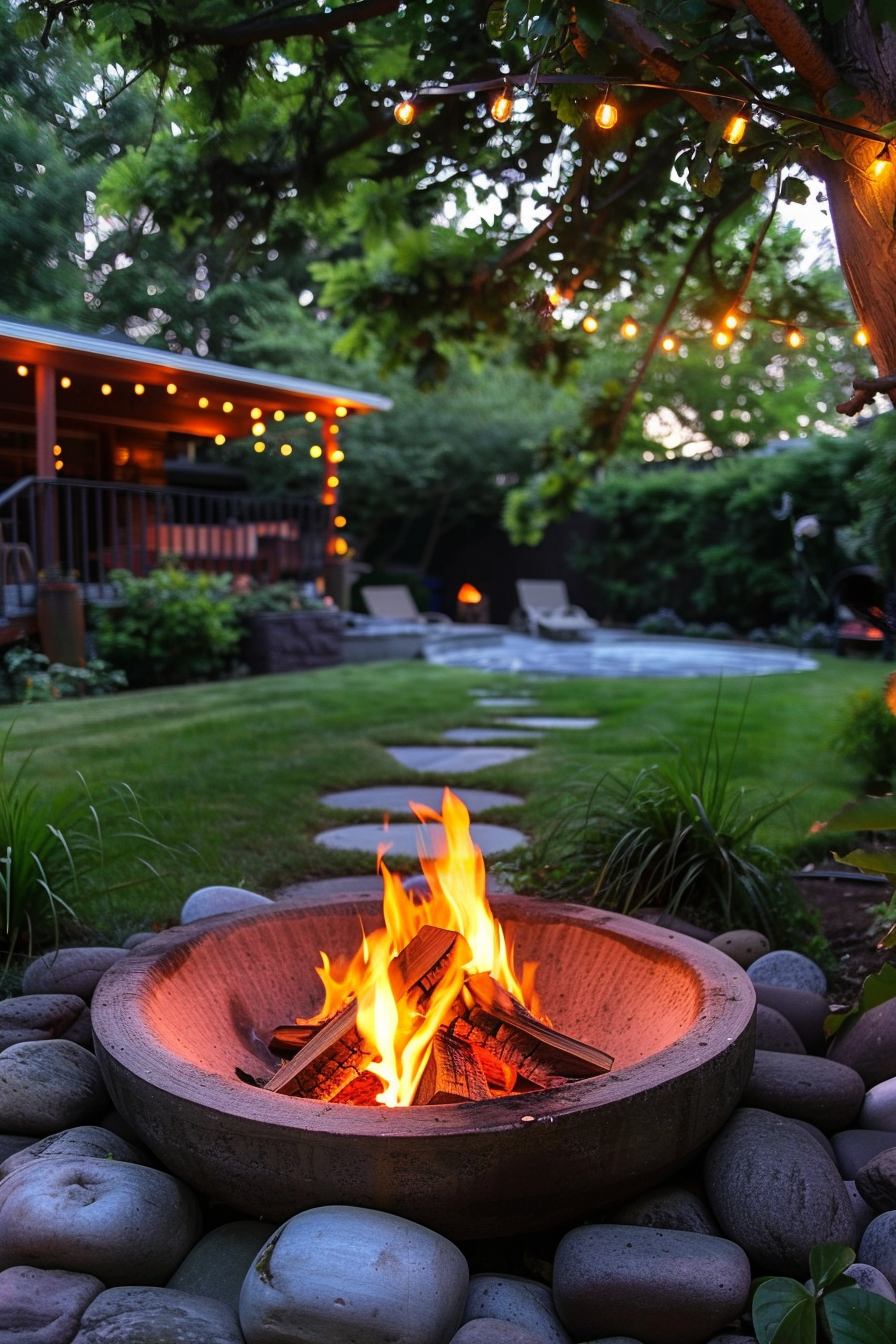 An outdoor fire pit with burning wood surrounded by smooth stones, with a garden and string lights in the background at dusk.