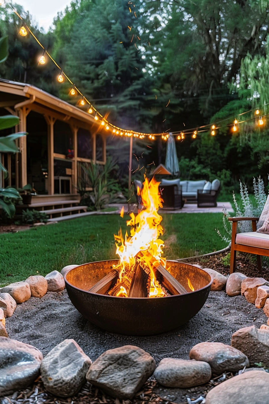 Fire pit with blazing fire in a backyard at dusk, surrounded by rocks, with string lights and a porch in the background.