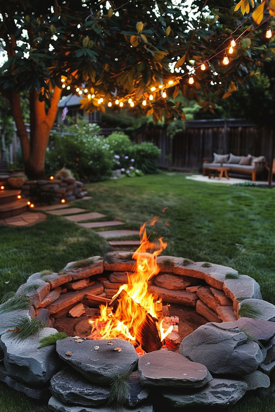 Alt text: A cozy backyard scene at dusk with a warm, crackling fire pit in the foreground and string lights hanging from tree branches above.