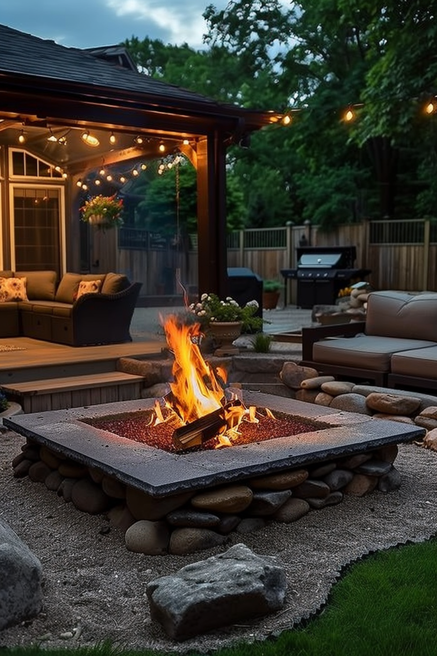 A cozy backyard at dusk with a lit fire pit, outdoor seating, string lights overhead, and a barbecue grill in the background.