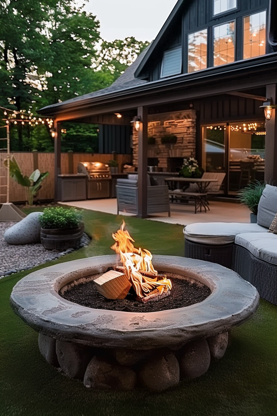 Cozy backyard patio with a lit fire pit, outdoor furniture, a built-in grill, and string lights as the evening sets in.