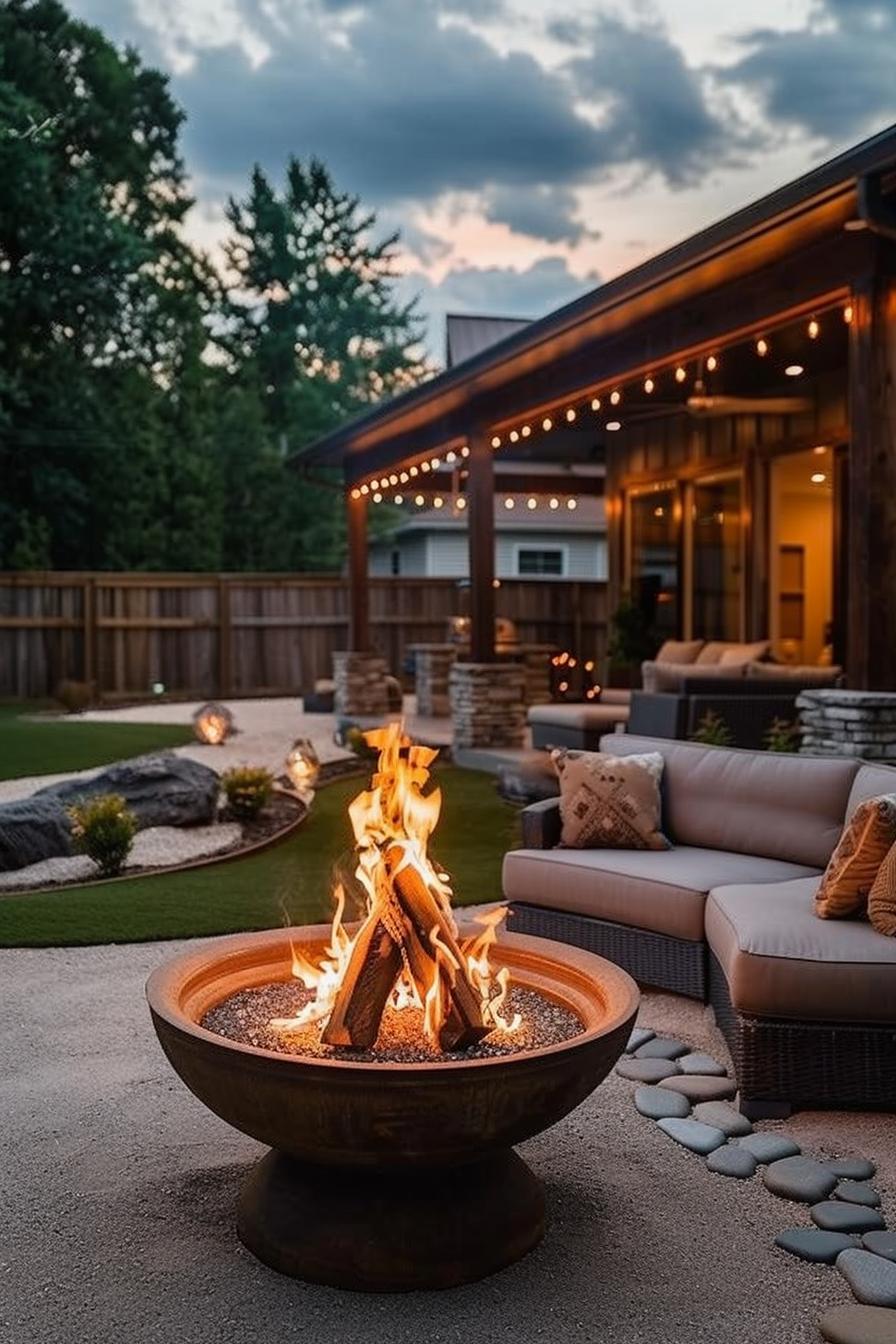 A cozy backyard with a lit fire pit, outdoor seating, string lights, and a warm twilight ambiance.