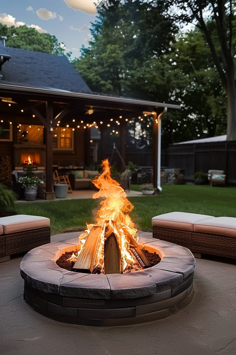 A cozy backyard evening with a blazing fire pit, surrounded by string lights and outdoor seating.
