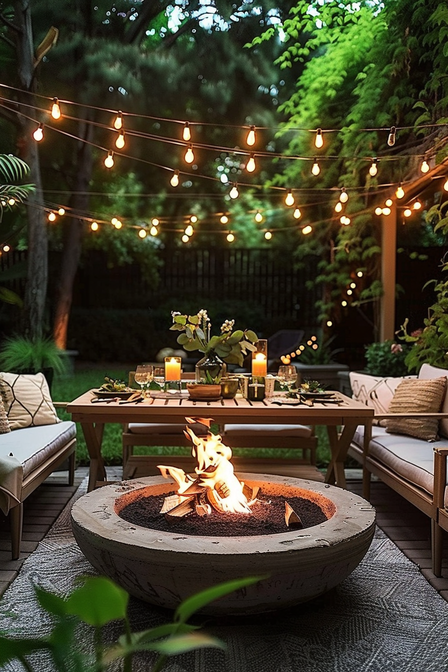 Cozy backyard evening setting with string lights, a fire pit ablaze, and a dining table set with candles and greenery.