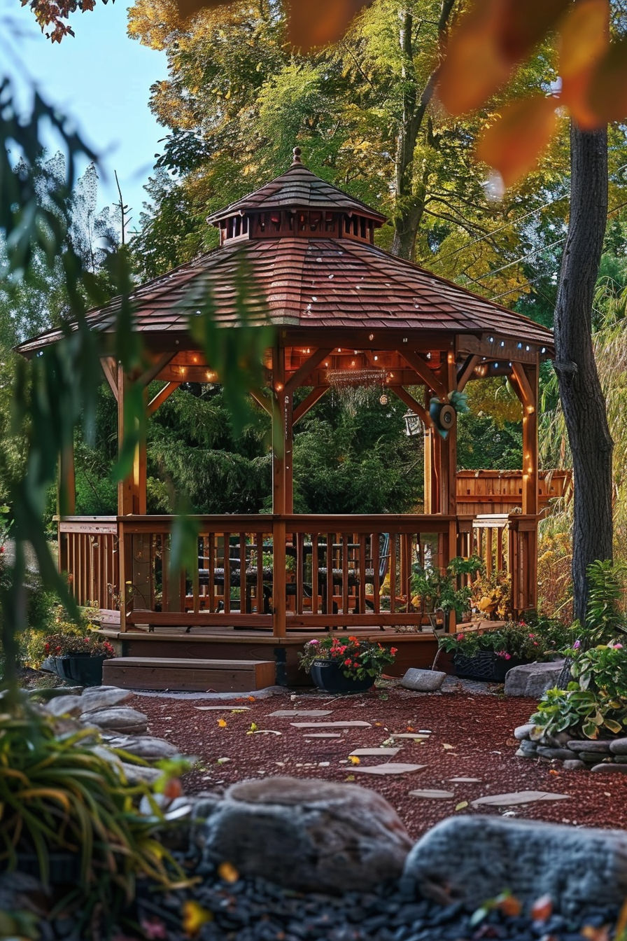 ALT Text: "A cozy wooden gazebo with a shingled roof, lit from within, nestled among autumn foliage, with a stepping stone pathway leading to it."
