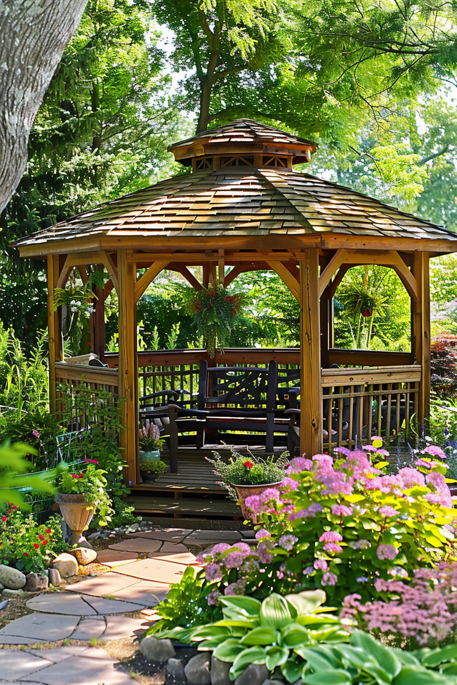 A wooden gazebo surrounded by lush flowers and greenery in a vibrant garden setting.