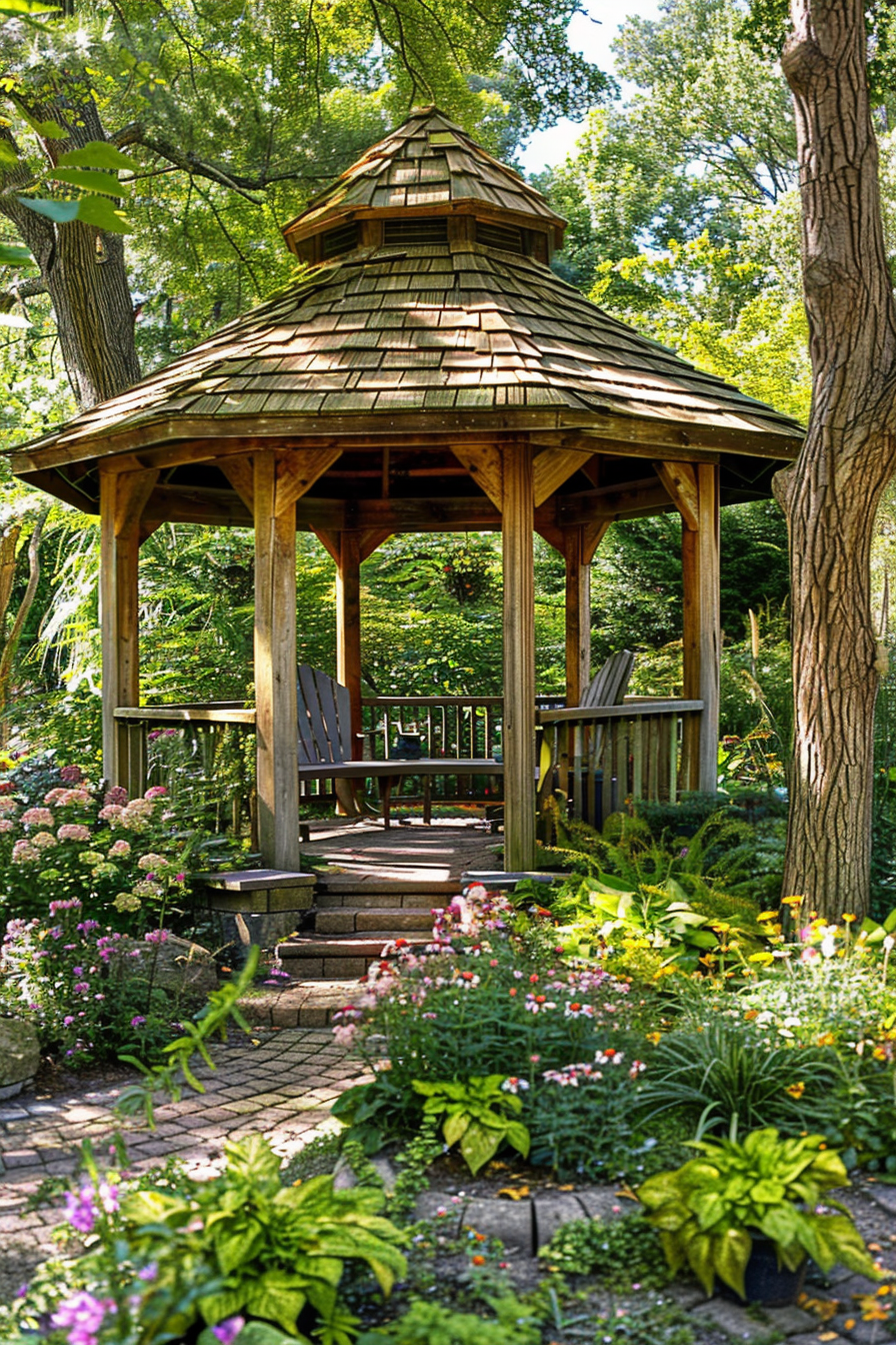 Wooden garden gazebo surrounded by lush flowers and greenery on a sunny day.