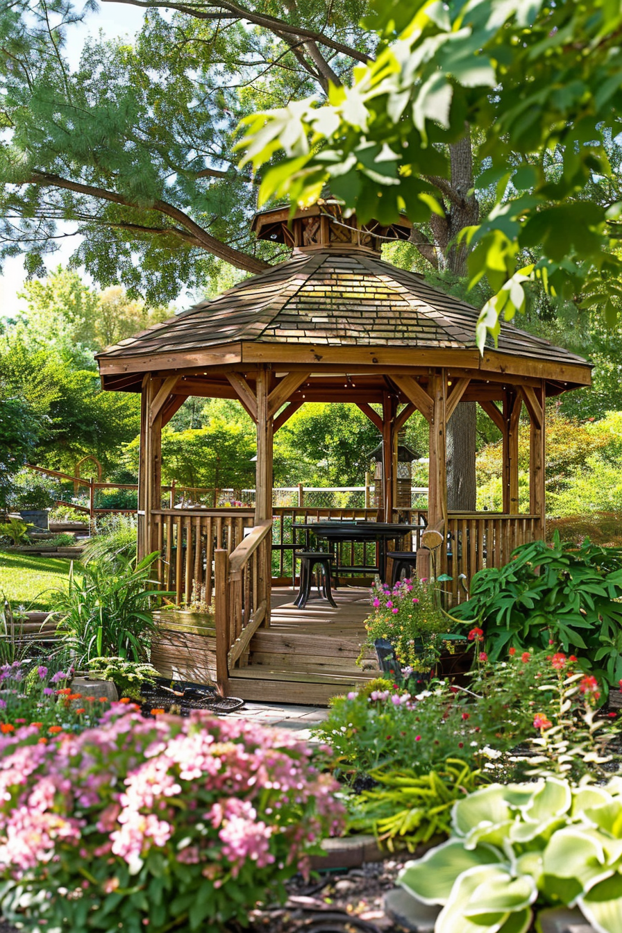 A wooden gazebo surrounded by lush greenery and colorful flowers in a serene garden setting.