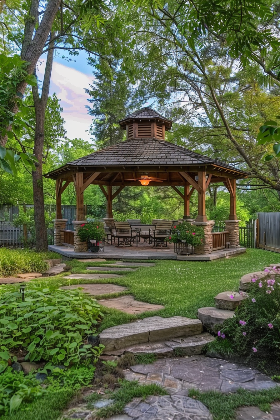 ALT: A serene garden with a stone pathway leading to a wooden gazebo equipped with benches, surrounded by lush greenery and trees at dusk.