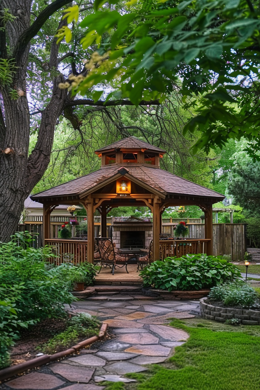 A serene garden gazebo with a lit lantern, surrounded by lush greenery and a stone pathway leading to it.