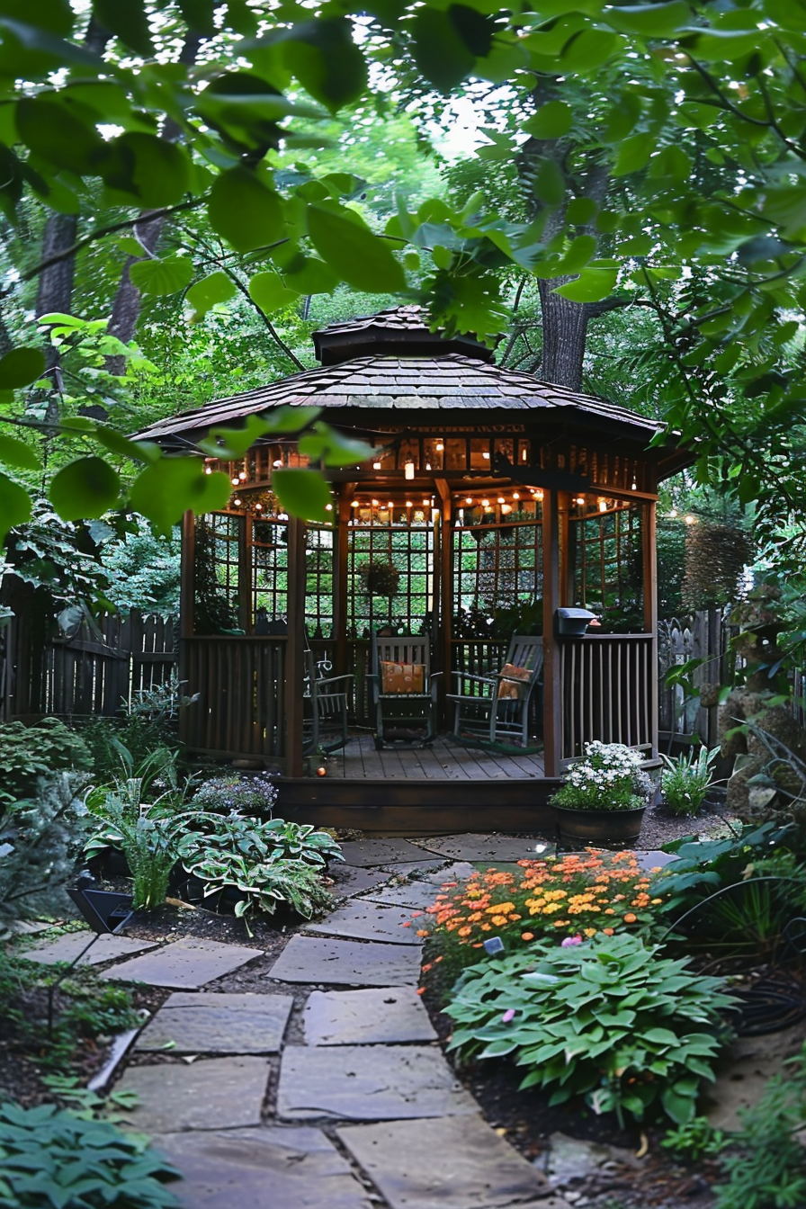 ALT: A cozy garden gazebo with string lights surrounded by lush greenery and a stone pathway leading up to it.