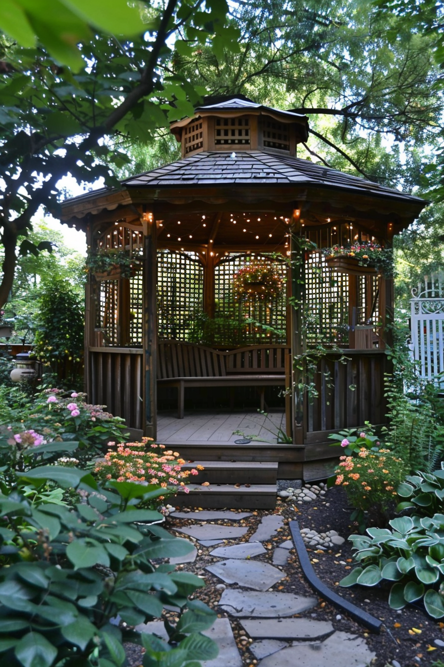 Wooden gazebo with string lights in a lush garden, featuring a stone pathway and surrounding flowers.