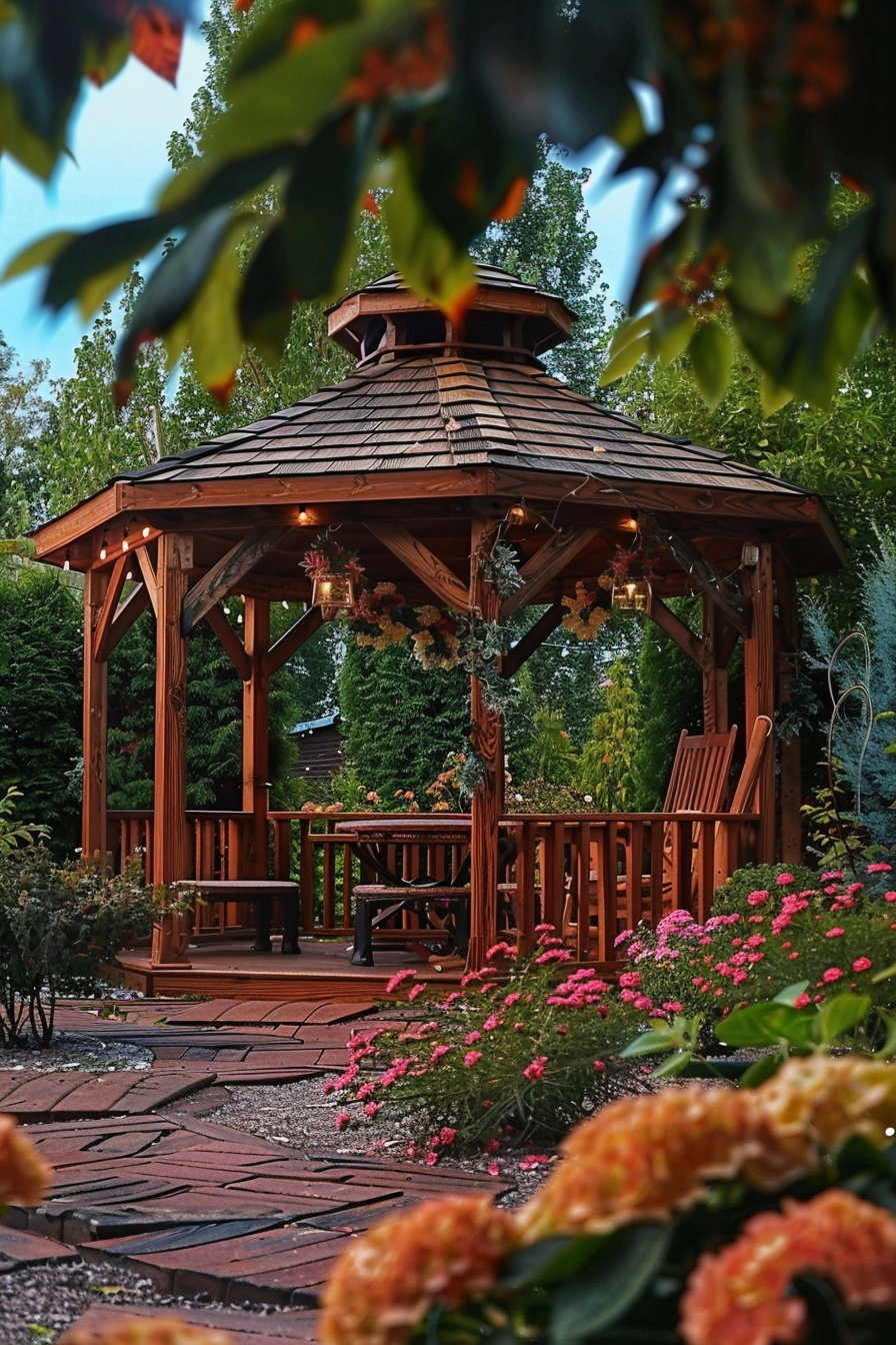 Wooden gazebo with a shingled roof surrounded by lush gardens and a stone pathway, illuminated by string lights at dusk.