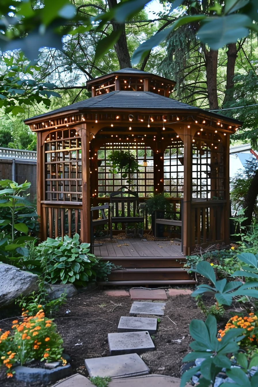 A wooden gazebo adorned with string lights surrounded by greenery and a stone path leading up to it.