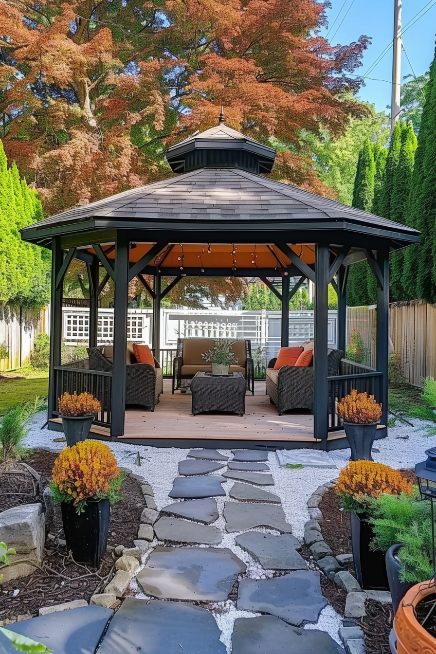 ALT: A cozy garden gazebo with comfortable seating surrounded by lush greenery and colorful foliage, connected by a stone pathway.