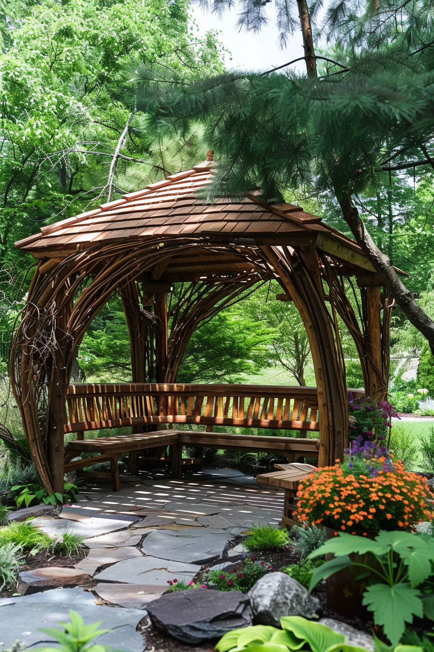 ALT: A wooden arbor with a curved design and integrated benches sits on a stone pathway, surrounded by lush greenery and colorful flowers.