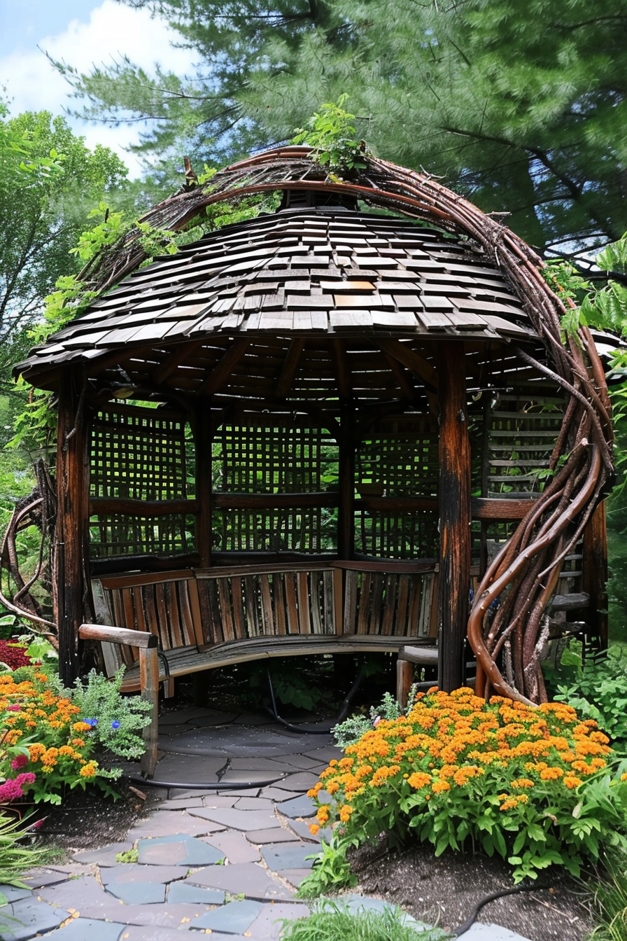 ALT: A wooden garden gazebo with a bench, surrounded by lush greenery and vibrant orange flowers, set on a stone pathway.