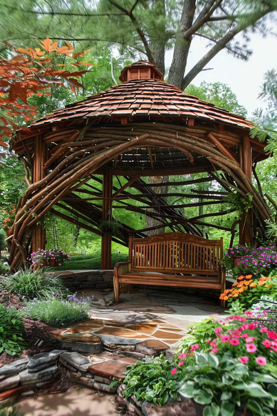 ALT: A rustic wooden gazebo with a bench surrounded by lush garden flowers and verdant trees.