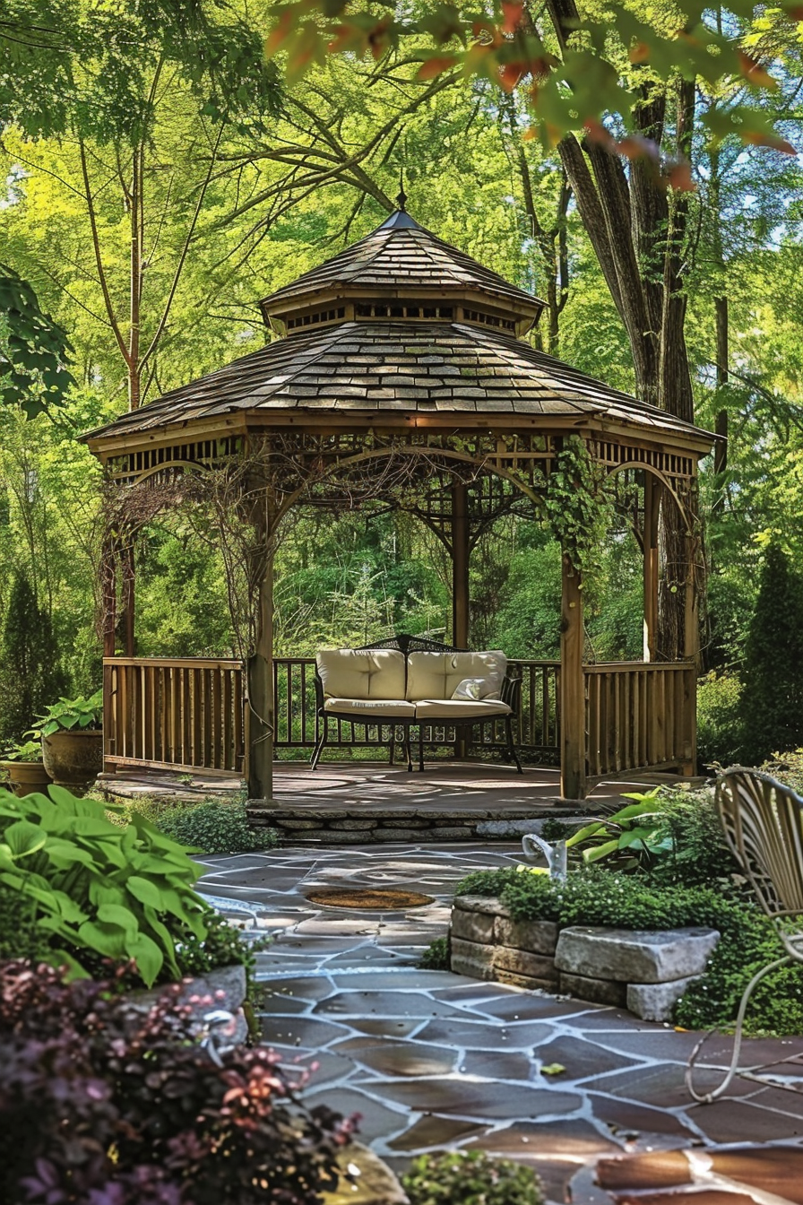 A wooden gazebo with a bench, surrounded by greenery and a stone pathway in a serene garden setting.