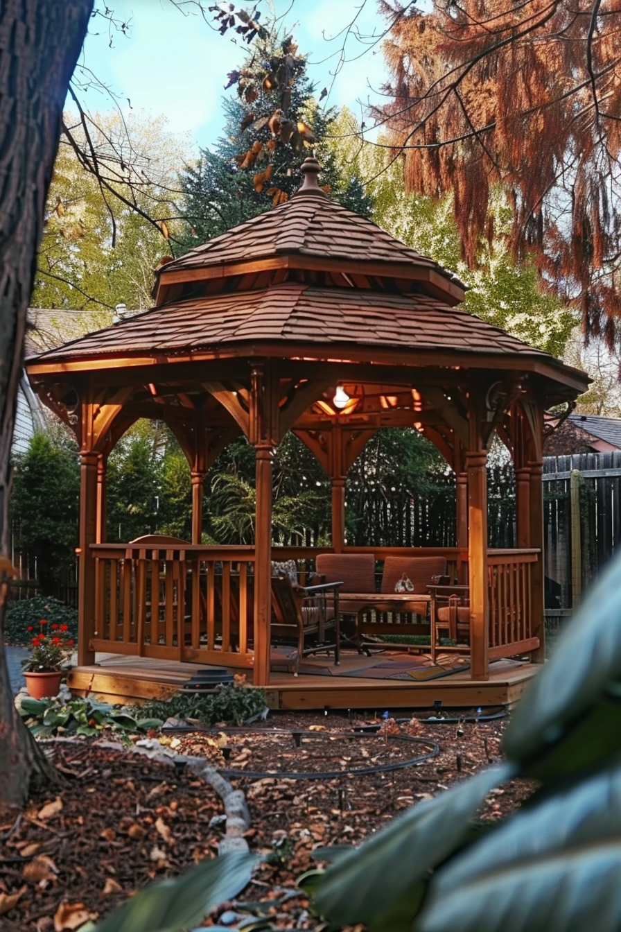 Wooden gazebo with benches and a lamp lit inside, surrounded by trees and foliage in a garden setting at dusk.
