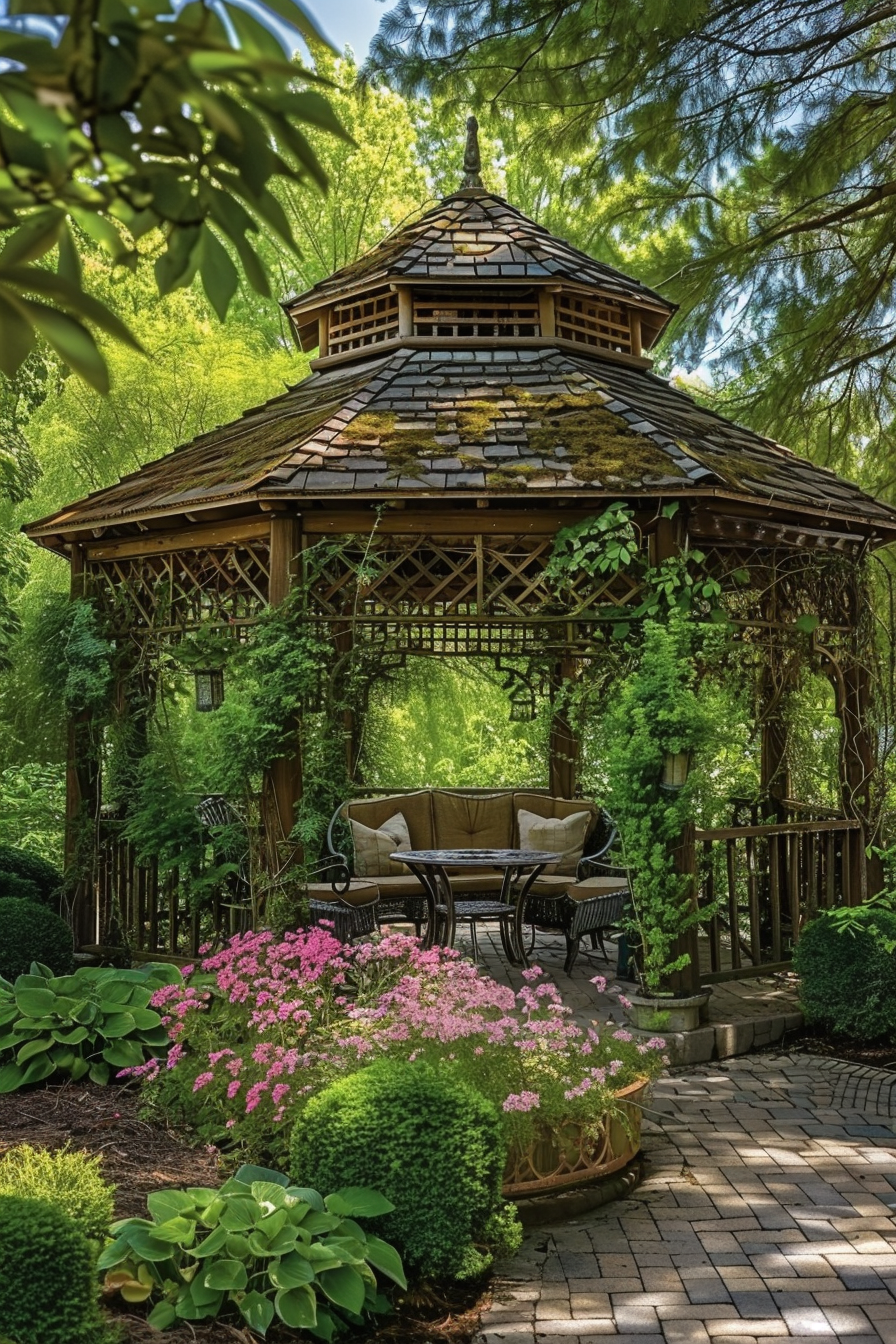 ALT: A wooden gazebo covered with vines and moss, surrounded by lush greenery and pink flowers, with a cozy seating arrangement inside.