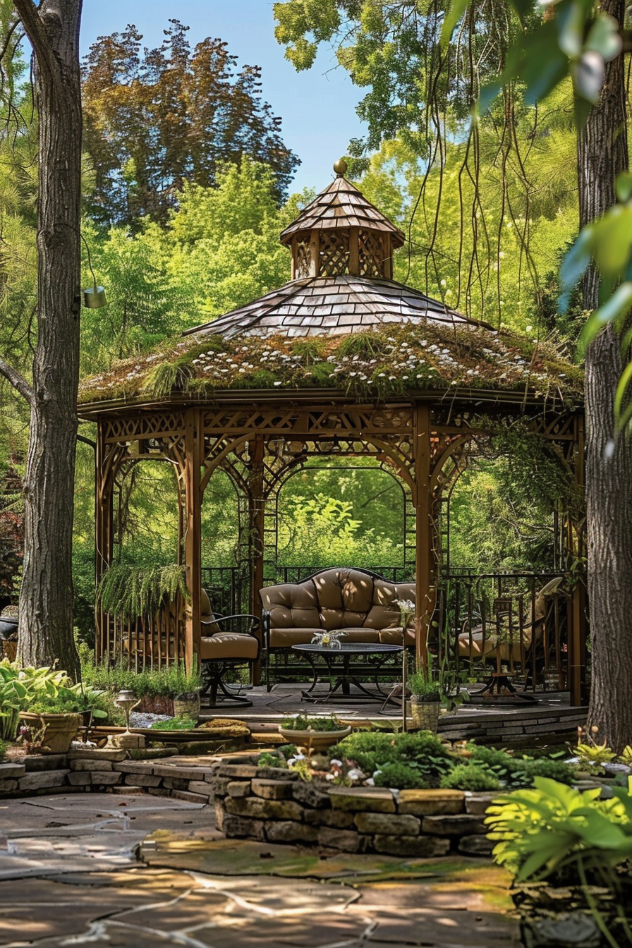 "A rustic gazebo with a green shingled roof and intricate woodwork, nestled in a lush garden with comfortable seating."