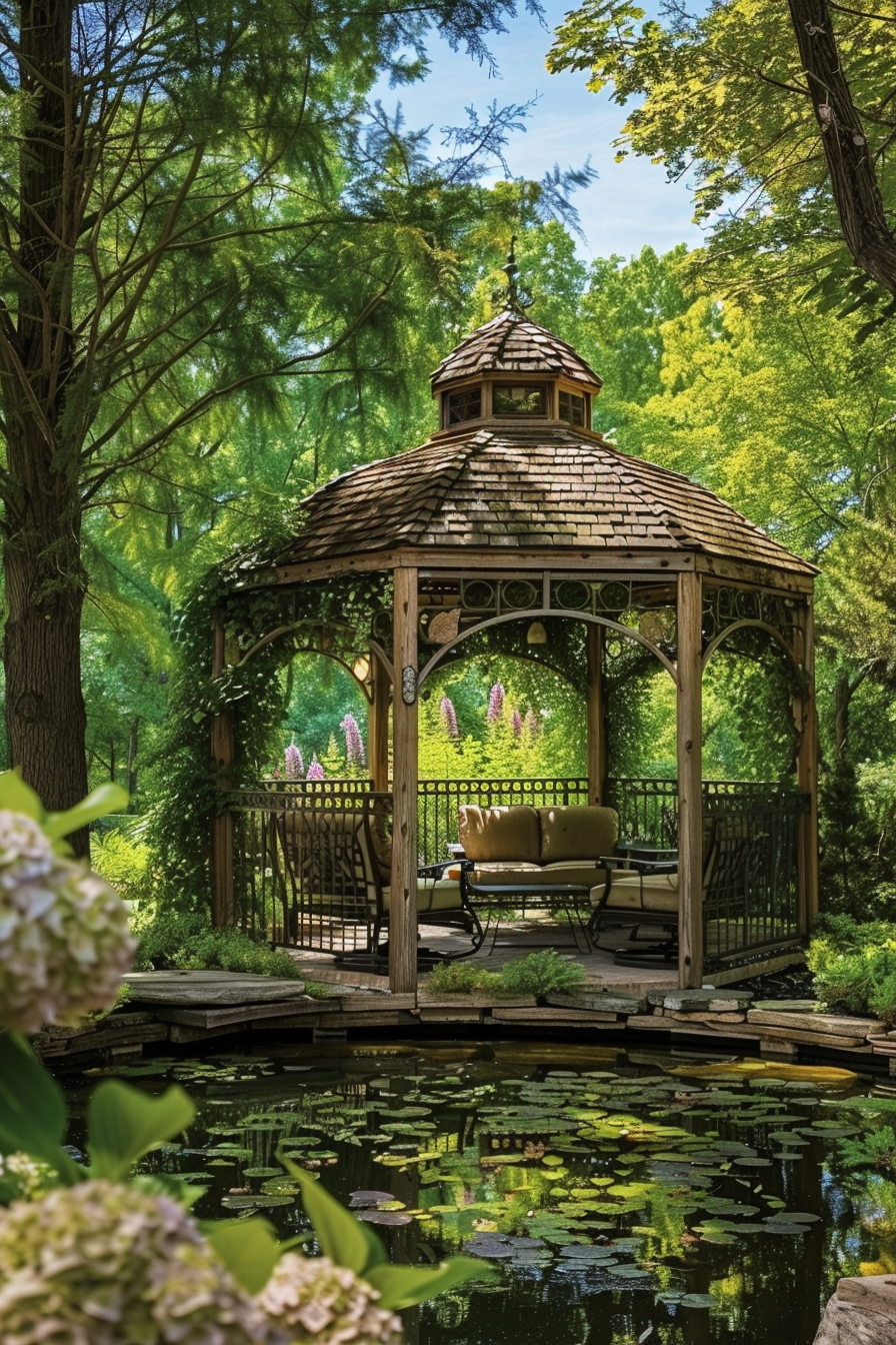 A serene wooden gazebo overlooking a lily pond amidst lush greenery and blooming flowers.