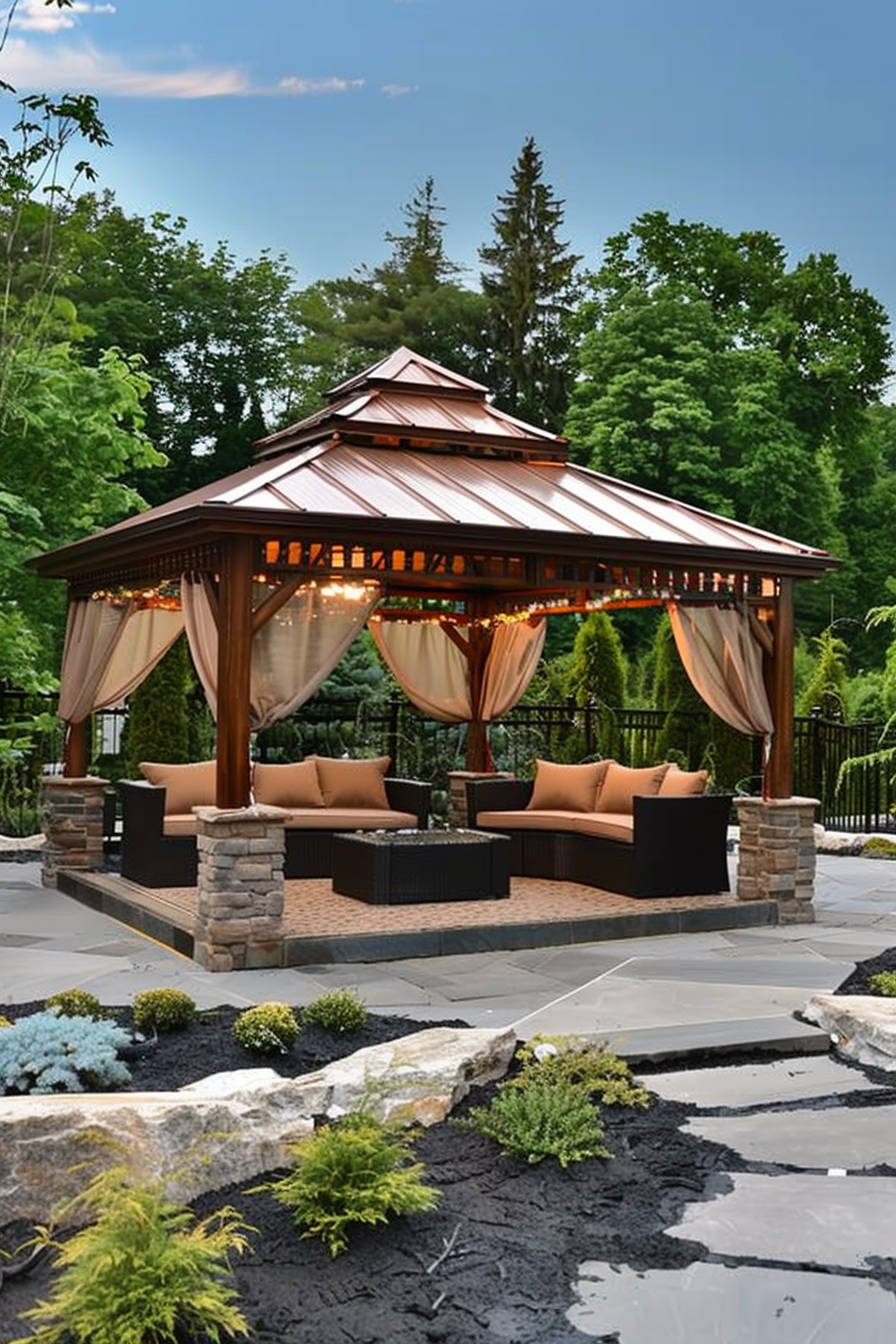 A luxurious garden gazebo with drapes and comfortable seating amid lush landscaping and stone pathways.