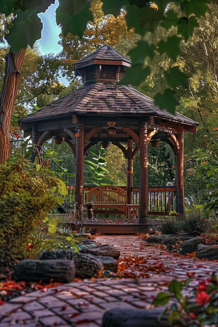 Wooden gazebo with a shingled roof in a garden, surrounded by autumn leaves and foliage, viewed through overhanging green leaves.