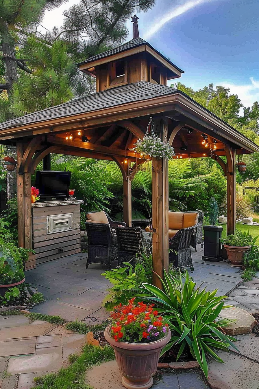 A cozy wooden gazebo with a grill and seating area, adorned with string lights, set in a lush garden with potted flowers.