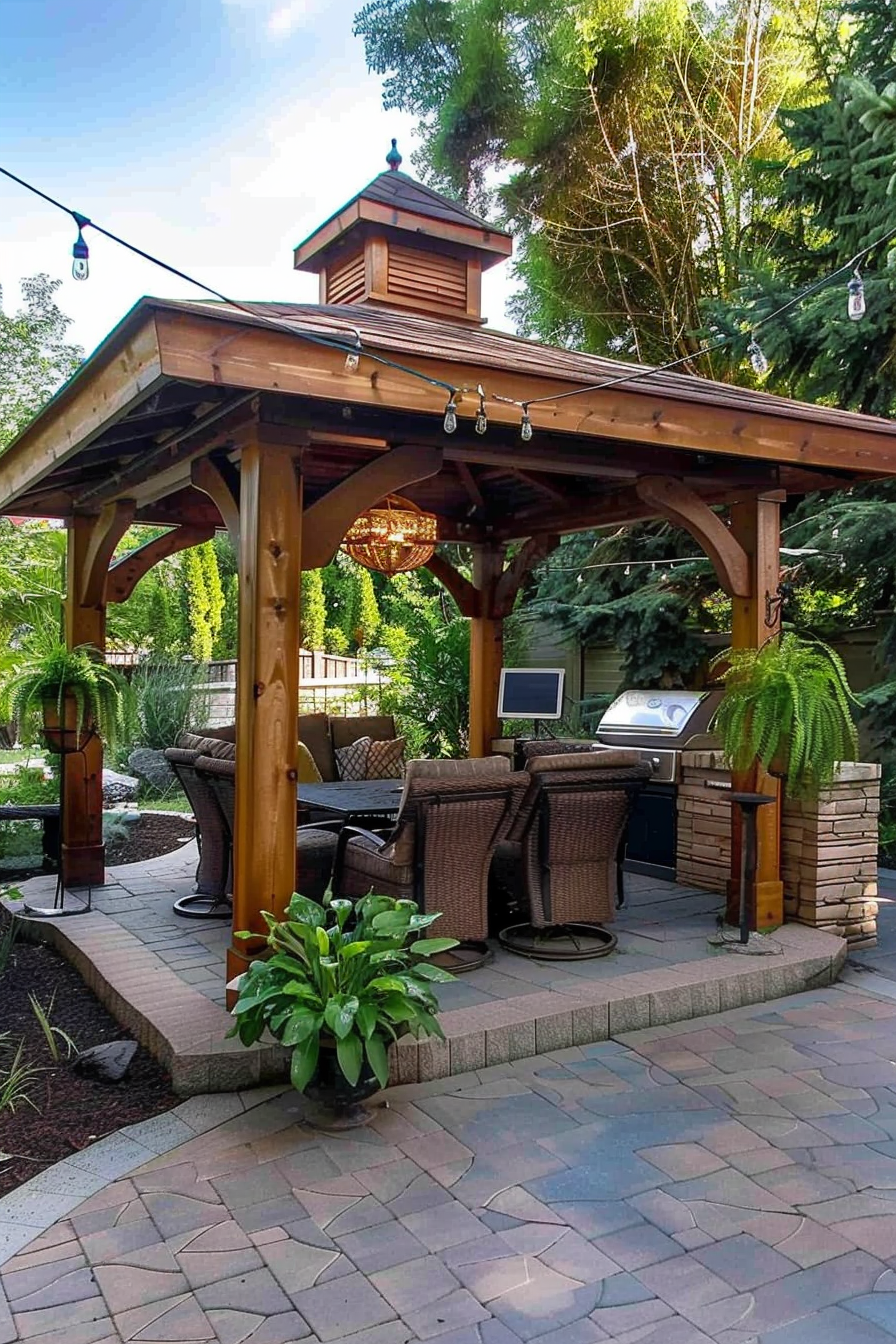 An outdoor wooden gazebo with comfortable seating, string lights, and a grill, set in a lush garden.