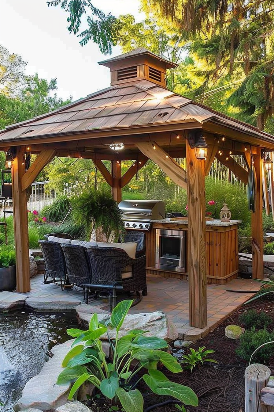 A cozy outdoor gazebo with a grill and seating area, surrounded by lush greenery and a small pond.