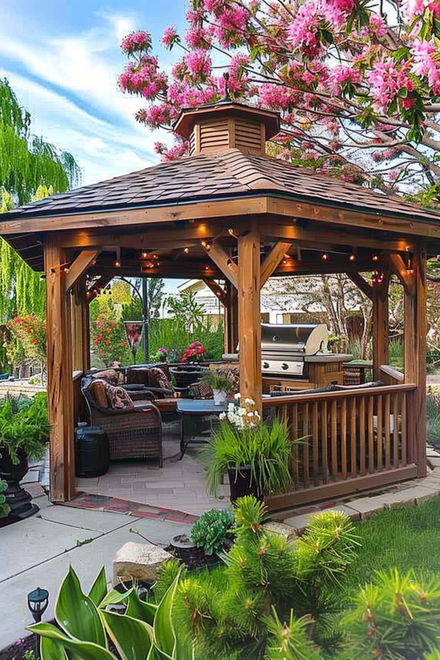 Wooden gazebo with string lights, furnished with sofas and outdoor kitchen, surrounded by blooming trees and garden plants.