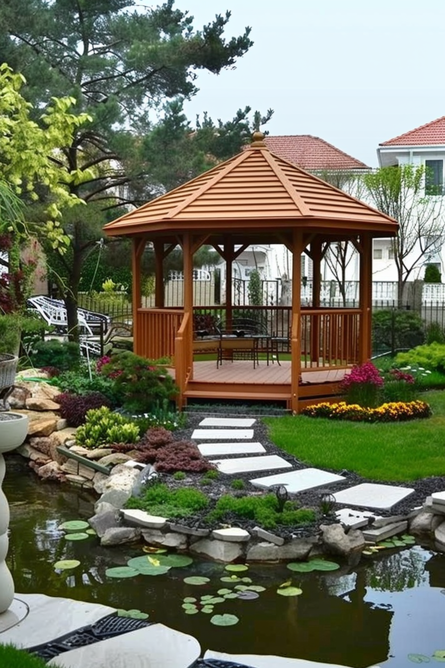 A tranquil garden with a wooden gazebo overlooking a pond with lily pads, surrounded by lush plants and a stone pathway.