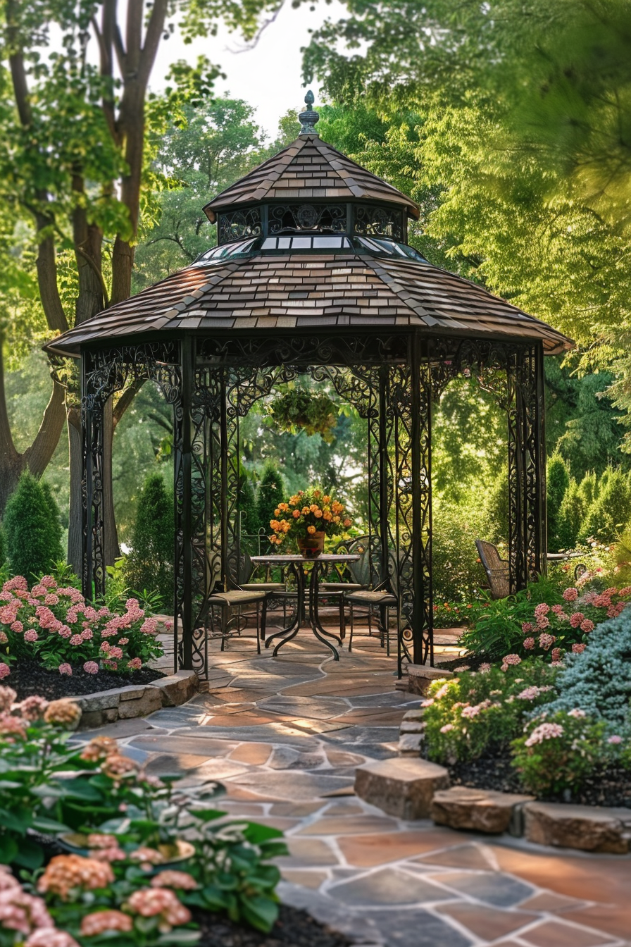 Elegant garden gazebo with wrought-iron details, surrounded by lush flowers and greenery, featuring a table and chairs set on a stone patio.