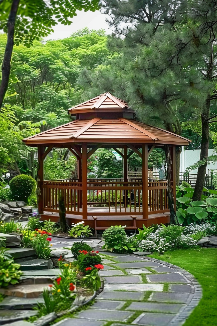 A wooden gazebo nestled in a lush garden with a stone path, surrounded by vibrant flowers and greenery.