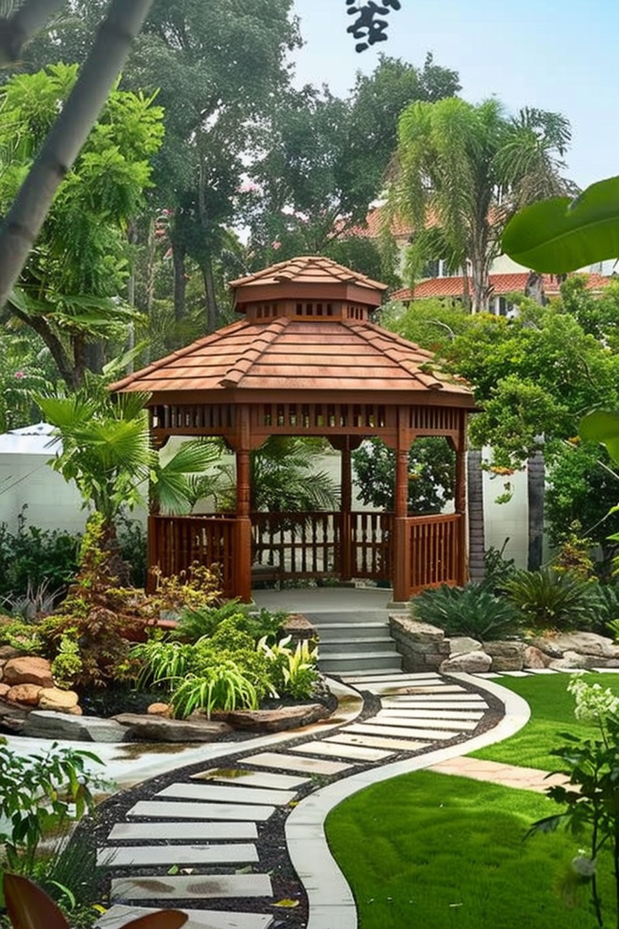 A tranquil garden with a wooden gazebo, surrounded by lush plants, stone pathways, and steps leading to an inviting entrance.