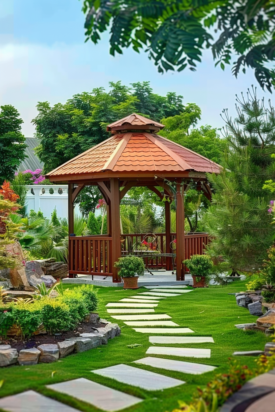 ALT text: A charming wooden gazebo with a red tile roof sits in a lush garden with stepping stones leading up to it, surrounded by greenery and flowers.