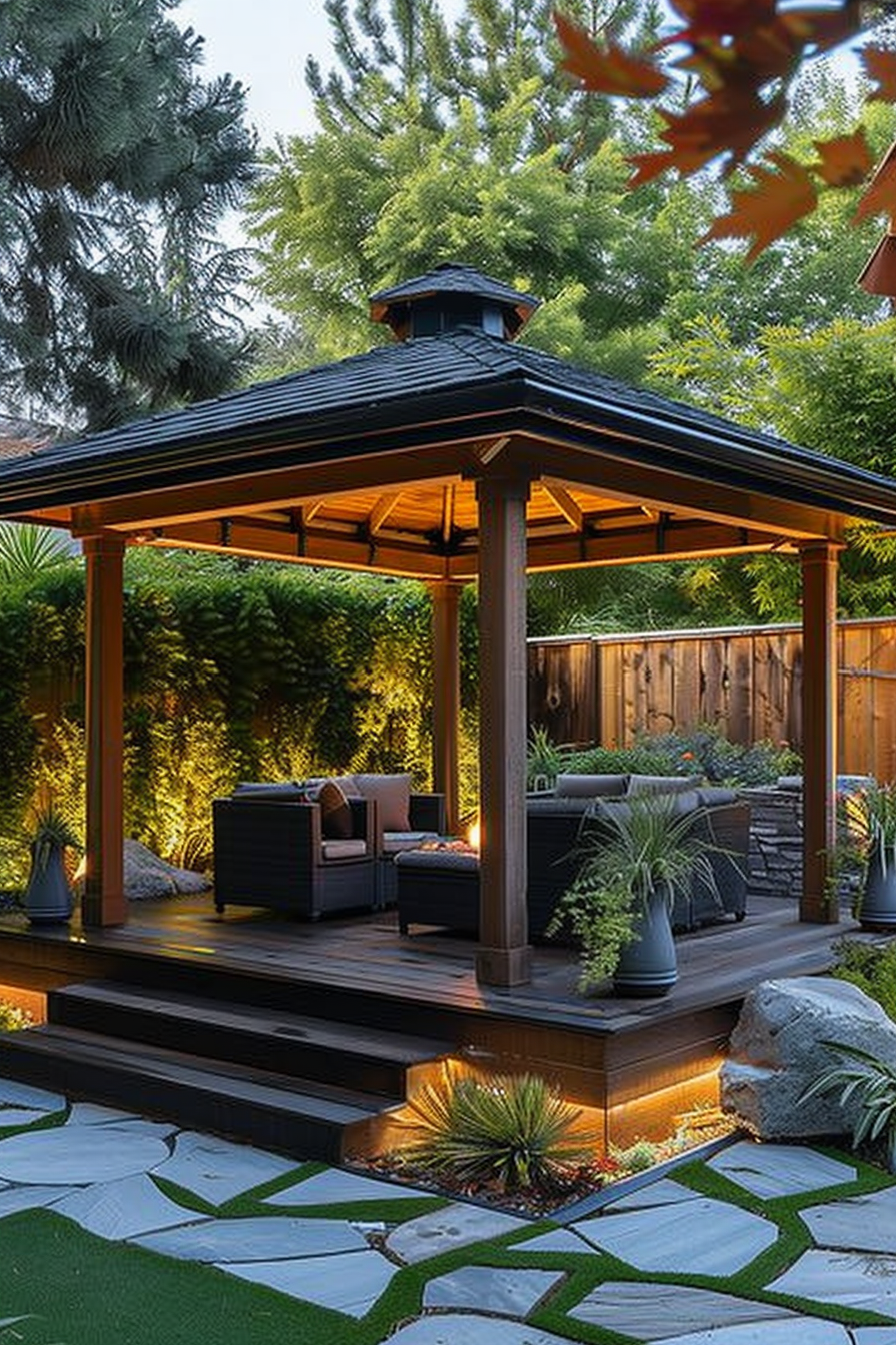 Cozy garden gazebo with soft lighting, comfortable seating, surrounded by greenery and stylish stone pathways.