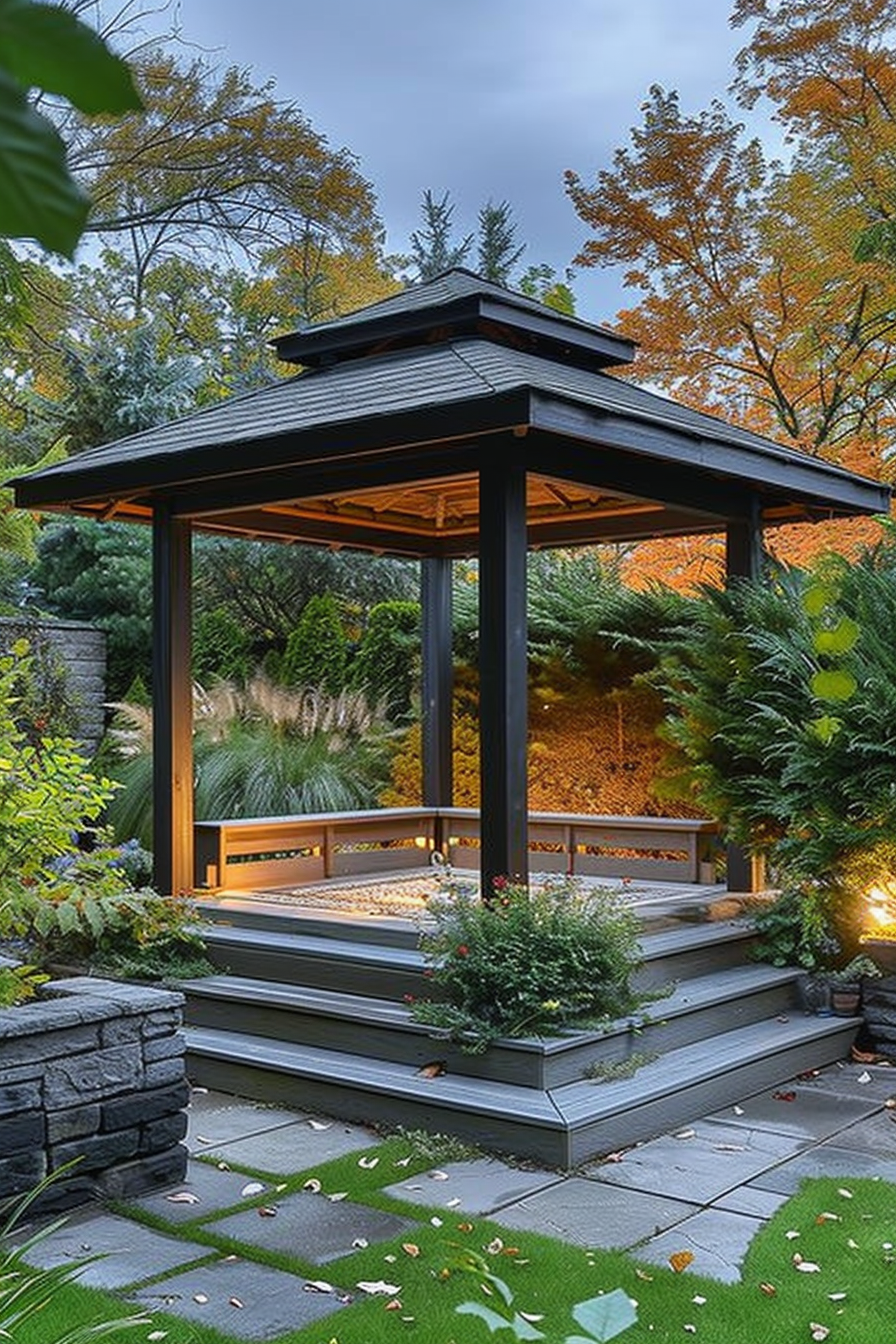 A modern backyard gazebo with lighting, surrounded by lush plants, against a backdrop of autumn trees.