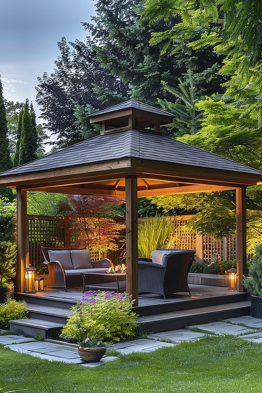 An elegant garden gazebo with comfortable seating, surrounded by lush greenery and warm lighting.