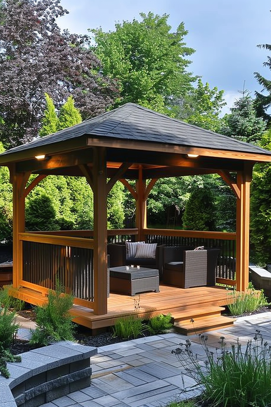 ALT: A cozy wooden gazebo with lighting, furnished with outdoor seating, surrounded by greenery and a landscaped garden patio.