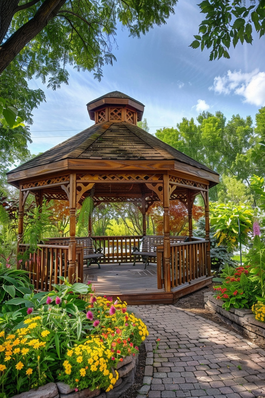 Wooden gazebo surrounded by lush flowers and greenery in a park with a cobblestone pathway leading to it.