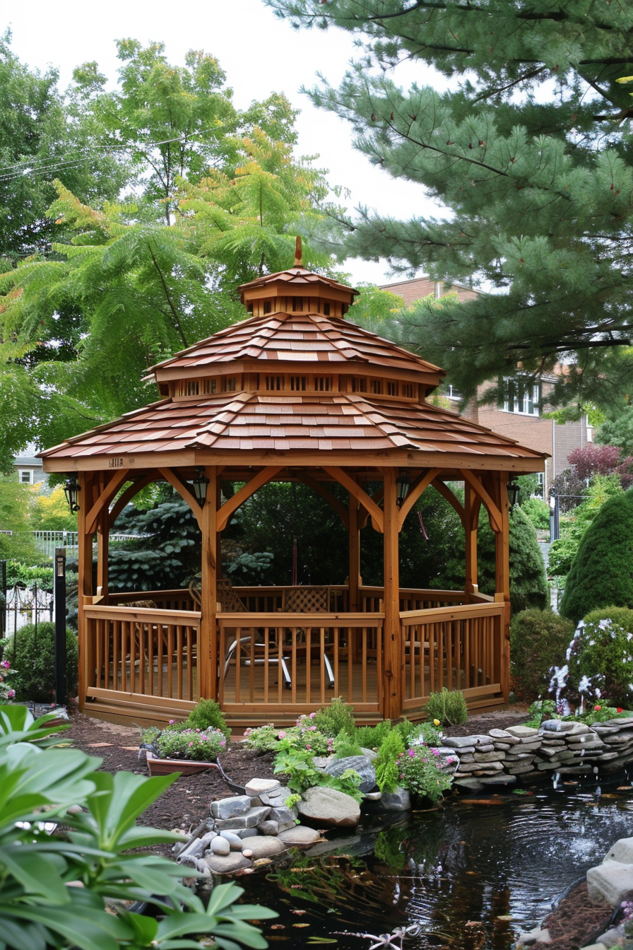 Wooden gazebo with a shingled roof by a pond with flowers and rocks in a landscaped garden, surrounded by greenery.