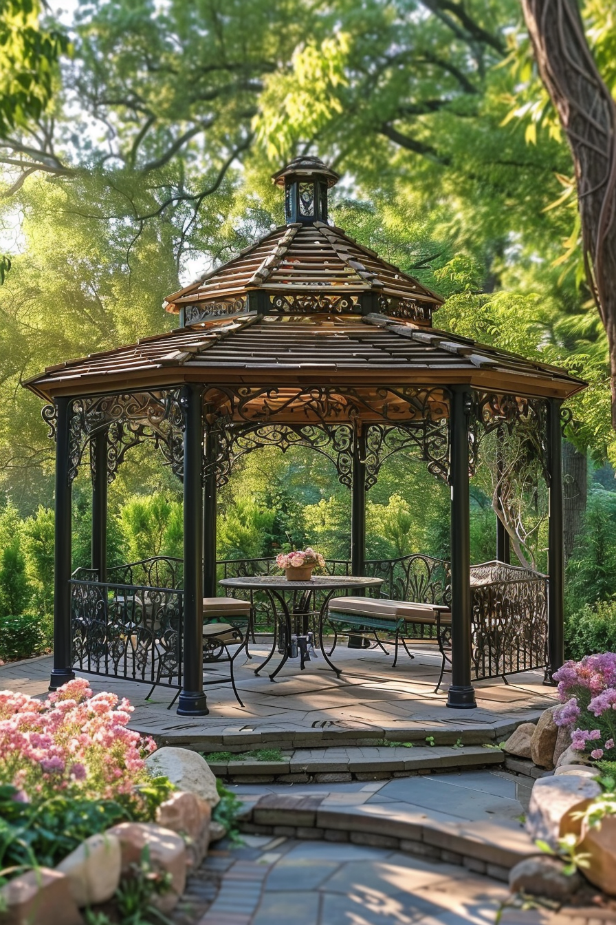Elegant garden gazebo with intricate metalwork, surrounded by greenery and blooming flowers, featuring a table set for a serene outdoor escape.